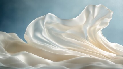 Poster - Soft white silk fabric gracefully billowing against blue backdrop, embodying elegant movement and textile design potential
