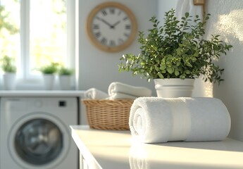 Poster - Freshly Laundered White Towels and Green Plant in Bright Modern Laundry Room with Clock and Washing Machine : Generative AI