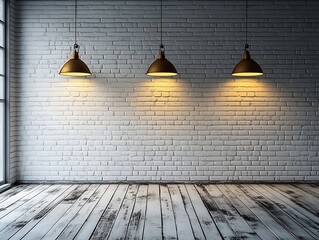 Aufkleber - Industrial Chic Interior White Brick Wall Pendant Lights and Rustic Wood Floor for Modern Design : Generative AI