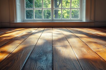 Poster - Sunlight Streaming Through Window onto Hardwood Floor Warm Light Home Interior and Wooden Texture : Generative AI