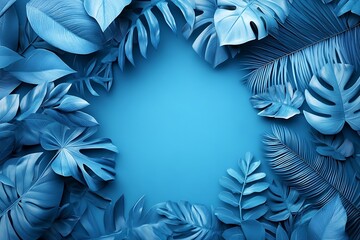 Poster - Monochromatic Blue Tropical Leaves Patterned Background for Summer Vibes and Serene Aesthetic Design : Generative AI