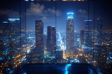 Poster - Cityscape at Night Stunning View of Downtown Los Angeles Skyscrapers from a High Rise Building Window : Generative AI