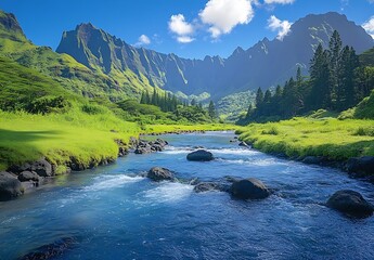Poster - Breathtaking view of river surrounded by mountains and lush greenery under bright blue sky : Generative AI