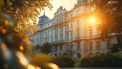 Poster - Golden Hour Building Facade Shines With Sunlight Illuminating Classic Architecture and Tranquil Urban Scene Travel Photography : Generative AI