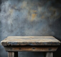 Poster - Rustic Wooden Table Against a Textured Grey Wall Empty Tabletop Product Display Vintage Style Food Photography Studio : Generative AI