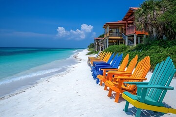 Poster - Colorful Beach Chairs on White Sand by Oceanfront Resort Summer Vacation Getaway : Generative AI