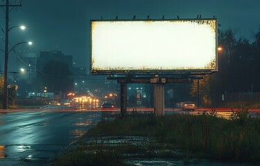 Poster - Blank Billboard Under Rainy Night Sky Beside a Road with Traffic Lights for Advertising and Street Photography : Generative AI