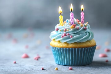 Poster - Sweet Birthday Cupcake with Burning Candles Celebrate Joy and Happiness for a Special Occasion : Generative AI