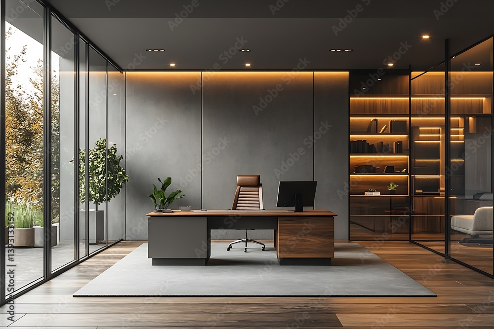 Modern Minimalist Office Interior Design with Wooden Desk and Shelves ...