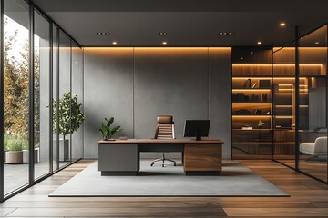 Leinwandbilder - Modern Minimalist Office Interior Design with Wooden Desk and Shelves Contemporary Workspace Architecture Photo : Generative AI
