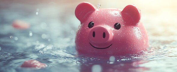 Aufkleber - Pink Piggy Bank Swimming in Water Financial Savings and Investment Concept Banking Wealth Management Illustration : Generative AI