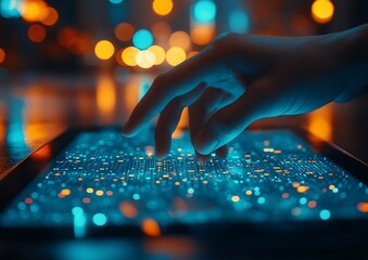 Aufkleber - Hand Touches Tablet Displaying Futuristic Blue Data Visualization and Bokeh Background Technology and Innovation : Generative AI