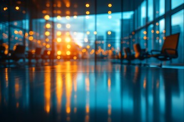 Poster - Modern Office Interior at Night with Bokeh Lights Reflection Abstract Corporate Space Business Setting : Generative AI
