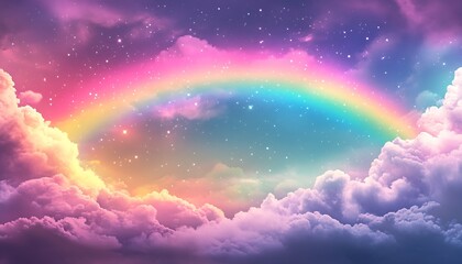 Poster - Vibrant Rainbow Arching Over a Dreamy Cloud Landscape with Starry Night Sky : Generative AI