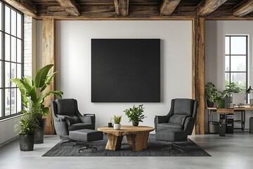 Aufkleber - Modern Living Room Interior Design with Armchairs Wooden Beams and Stylish Decor Peaceful Home Ambiance : Generative AI