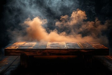 Aufkleber - Dramatic Wooden Table Platform with Atmospheric Smoke Effect for Product Display and Creative Marketing : Generative AI