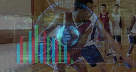 Poster - Animation of data charts overlaying basketball players practicing in school gym