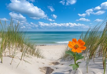 Poster - Vibrant orange flower stands tall amidst sand dunes with a stunning beach and blue sky background : Generative AI