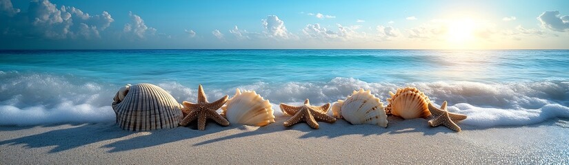Aufkleber - Beach Scene with Seashells and Starfish on Sand at Sunset Summer Vacation Travel Tropical Paradise : Generative AI