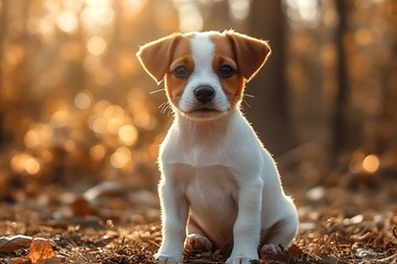 Poster - Cute Jack Russell Puppy Sitting in Autumn Leaves Adorable Pet Portrait with Warm Bokeh Background : Generative AI