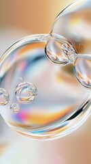 Poster - Iridescent soap bubbles merging, creating fluid forms and vibrant reflections against soft gradient background, representing dynamic interplay of light and surface tension