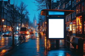 Poster - Rainy Evening in Amsterdam with a Blank Billboard Ready for Your Message Captivating Cityscape : Generative AI