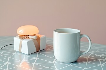 Wall Mural - Contemporary Mother's Day coffee time with a minimalist lamp gift and a white porcelain mug on a geometric patterned table.