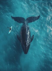 Aufkleber - Majestic whale swimming near kayaker in clear turquoise ocean waters aerial view : Generative AI
