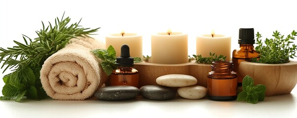 Aufkleber - Serene Spa Still Life with Candles Essential Oils Towels and Greenery for Relaxation and Wellness Aromatherapy Concept : Generative AI