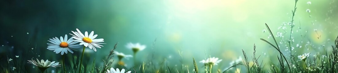 Poster - Dreamy Spring Meadow Daisies in Soft Focus Long Banner Peaceful Scene with White Flowers and Green Grass on a Sunny Day : Generative AI