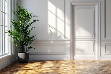 Leinwandbilder - Indoor Palm Plant in Bright Sunny Room with Classic Doorway and Hardwood Herringbone Floor for Interior Design : Generative AI