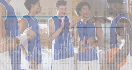 Poster - Basketball players in blue jerseys with financial data processing animation overlay