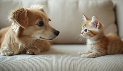 Poster - Cute Kitten and Puppy Meeting Cuddling on Couch Affectionate Golden Retriever and Ginger Tabby Love : Generative AI