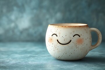 Poster - Adorable Ceramic Coffee Mug with Smiling Face Against Soft Blue Background for Cozy Morning Concept : Generative AI