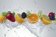 © viktorbond - Various fruits and berries falling into water on a light background
