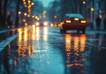 Poster - Moody city street at night with blurred headlights reflecting on wet pavement : Generative AI
