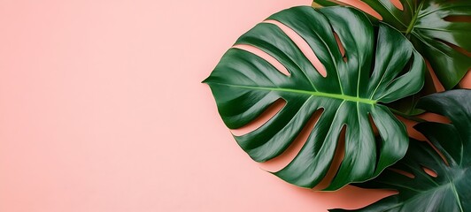 Poster - Monstera Leaf Beauty on Pink Background Tropical Greenery Styled Stock Photo Philodendron Plant Leaves Close Up Minimalist Flat Lay : Generative AI