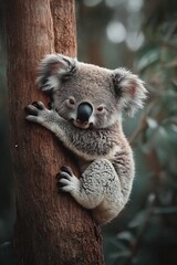 Poster - Adorable Baby Koala Climbing a Tree in Natural Habitat Cute Australian Wildlife Portrait Soft Furry Texture and Engaging Eye Contact : Generative AI