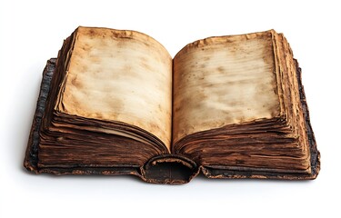 Poster - Antique Open Book with Aged Pages and Texture on White Background Old Grimoire with Blank Sheets and Vintage Look : Generative AI
