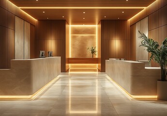 Poster - Elegant Hotel Lobby Interior with Marble Floors Warm Lighting and Modern Design Hospitality Luxury Space : Generative AI