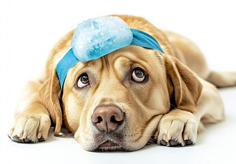 Poster - Adorable dog wearing ice pack on head showcasing humor and care in a cozy setting : Generative AI