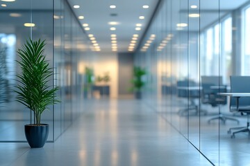 Poster - Modern Office Interior with Glass Walls and Green Plant for a Bright and Productive Workspace Environment Professional Look : Generative AI