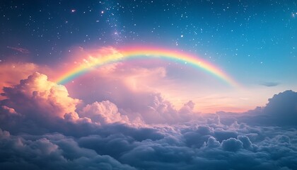 Poster - Magical rainbow arching over fluffy clouds under a starry sky capturing enchanting beauty of nature : Generative AI