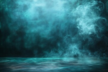 Poster - Eerie Turquoise Room Scene with Smoke Effect and Dramatic Light for Graphic Design Texture and Abstract Backgrounds : Generative AI