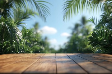 Poster - Tropical Background with Wooden Table Palm Leaves and Blurred Lush Green Foliage : Generative AI