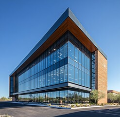 Aufkleber - Modern Glass Office Building Exterior Corner View Under Blue Sky Contemporary Commercial Architecture and Sustainable Design : Generative AI