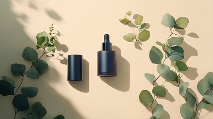 Aufkleber - Elegant Dark Glass Bottle with Eucalyptus Leaves for Natural Skincare on Soft Cream Background : Generative AI