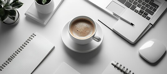Fototapete - Minimalist Workspace with Coffee Cup Laptop and Notebook on White Desk for a Creative and Productive Day : Generative AI
