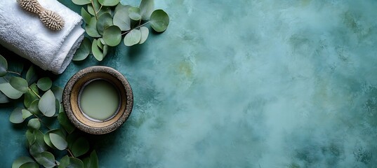 Aufkleber - Aesthetic arrangement of spa materials including herbs towels and a bowl of calming green essence on a serene backdrop : Generative AI