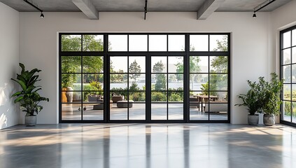 Poster - Modern Living Room Interior Large Windows Black Frames Garden View Minimalist Design Home Decor and Architecture Style : Generative AI